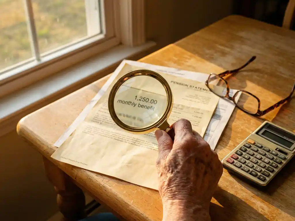 Oudere hand houdt vergrootglas boven pensioenafschrift, calculator en leesbril op houten tafel in warm zonlicht