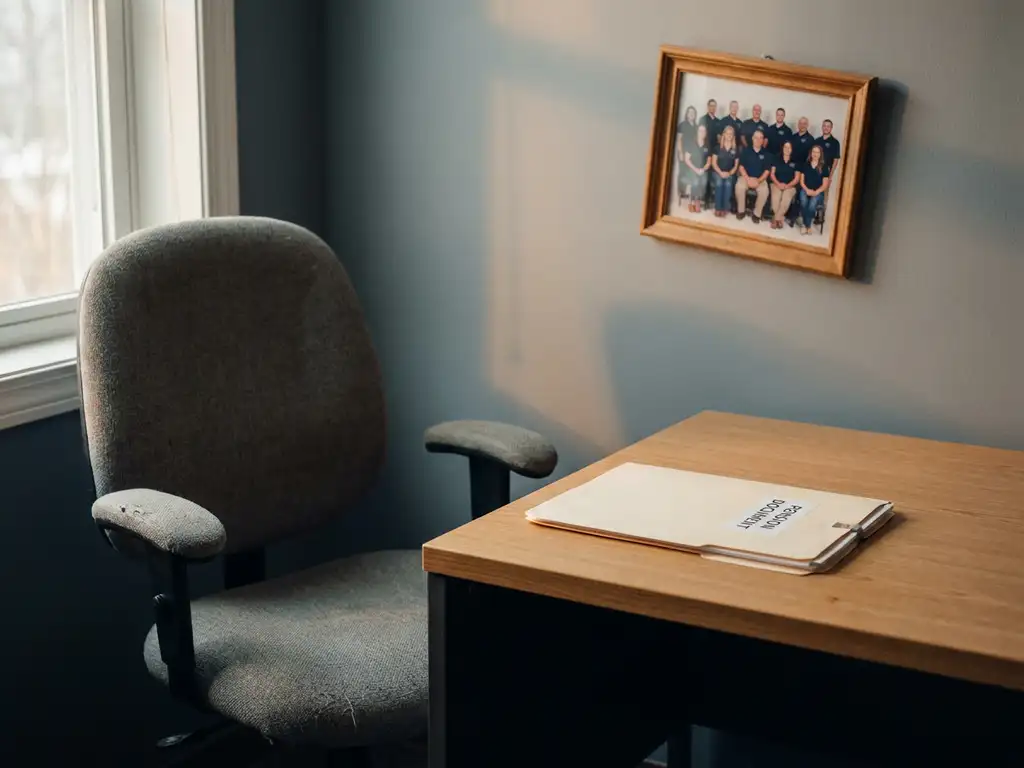 Verlaten bureaustoel naast opgeruimd bureau met verzegelde pensioenmap, scheefhangende teamfoto aan de muur in gedempte grijsblauwe tinten.
