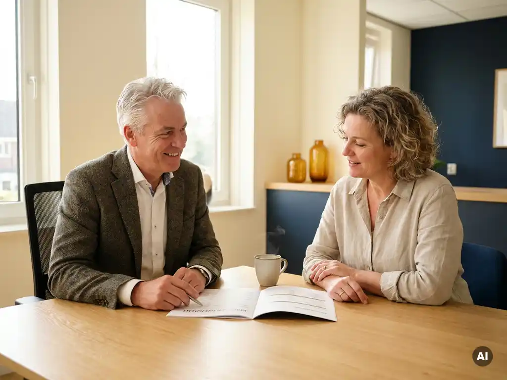 Financieel adviseur bespreekt pensioenopties met ontspannen cliënt aan houten bureau in modern Nederlands kantoor.