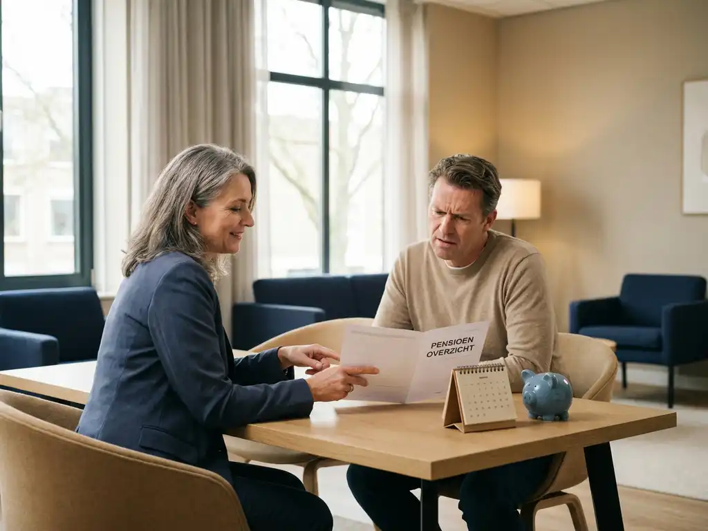Pensioenadviseur bespreekt pensioendocument met medewerker aan moderne kantoortafel, kalender en spaarpot op de achtergrond.