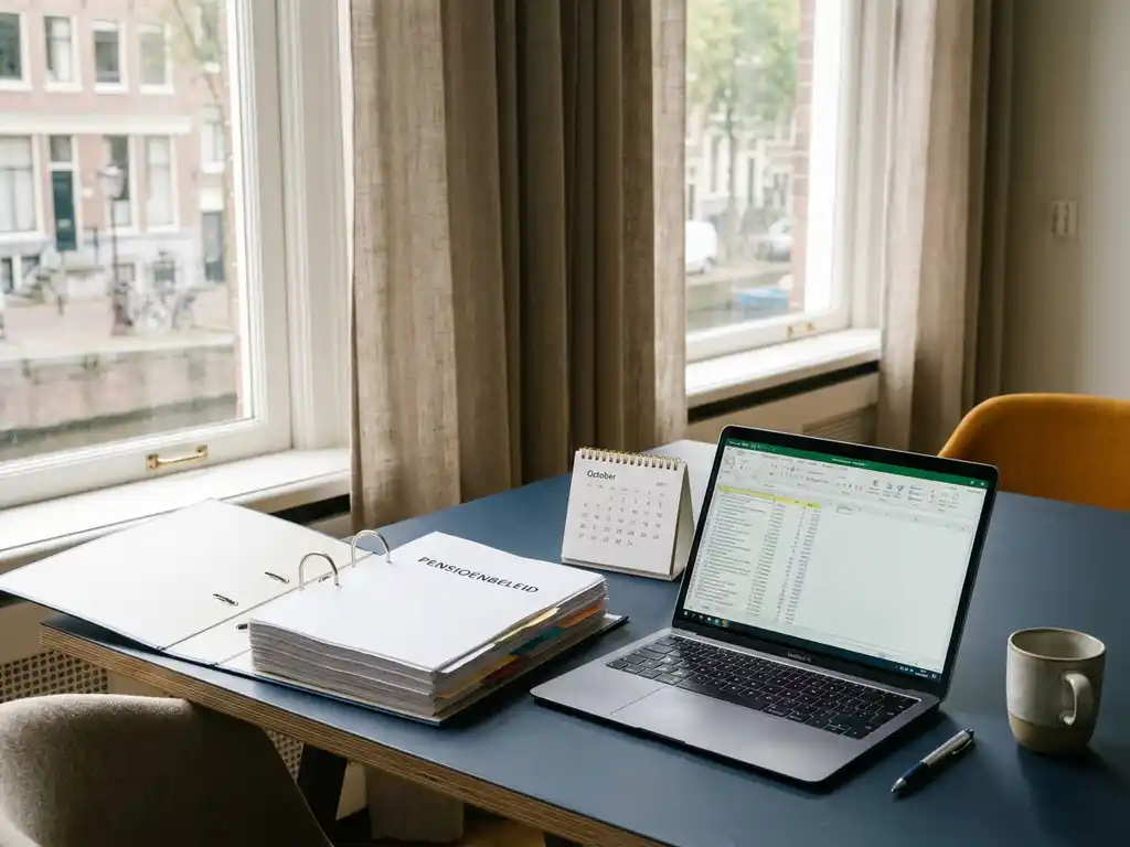 HR-bureau met open pensioenbeleidsmap naast laptop, kalender en pen in warm Nederlands kantoor met natuurlijk raamlicht.