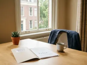 HR-bureau met open pensioenbeleidmap, potplant en koffie in warm natuurlijk licht van een Nederlands kantoor.