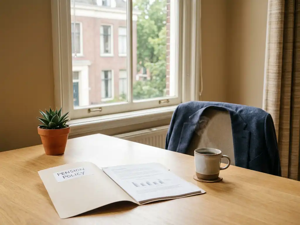HR-bureau met open pensioenbeleidmap, potplant en koffie in warm natuurlijk licht van een Nederlands kantoor.
