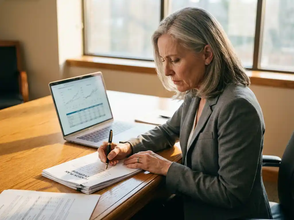 Professionele zakenvrouw van middelbare leeftijd bekijkt pensioenpaperassen aan houten bureau met laptop