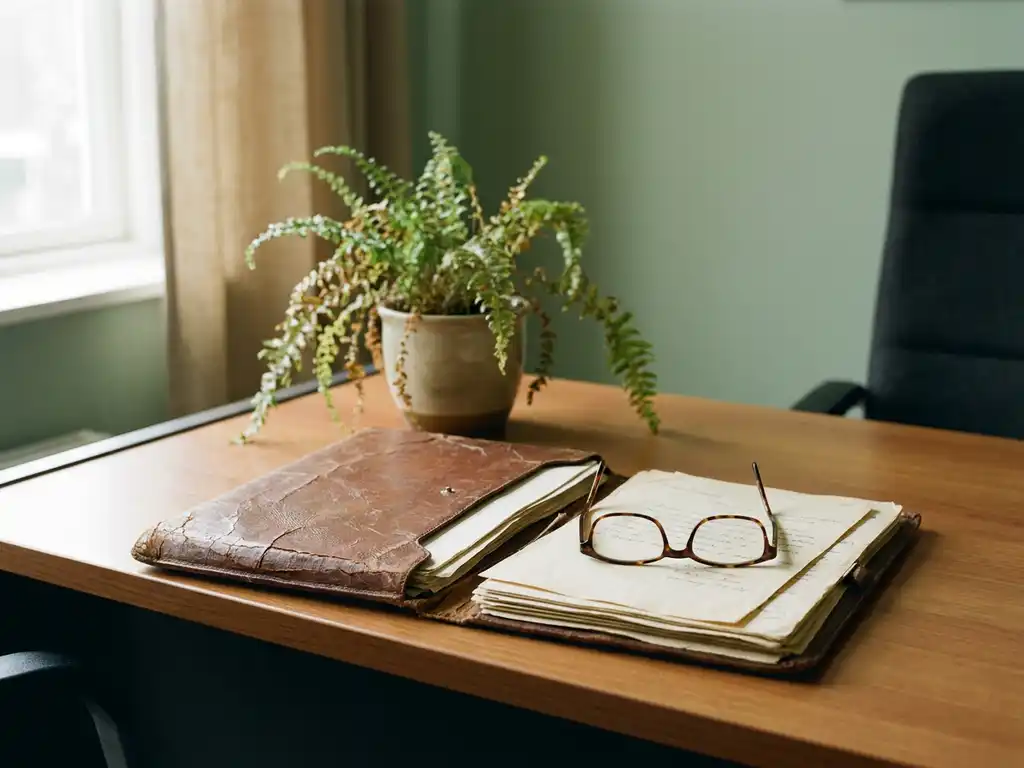 Opengevouwen versleten leren pensioenmap op bureau met leesbril, verwelkte plant en zachte papieren in warm, contemplatief licht.
