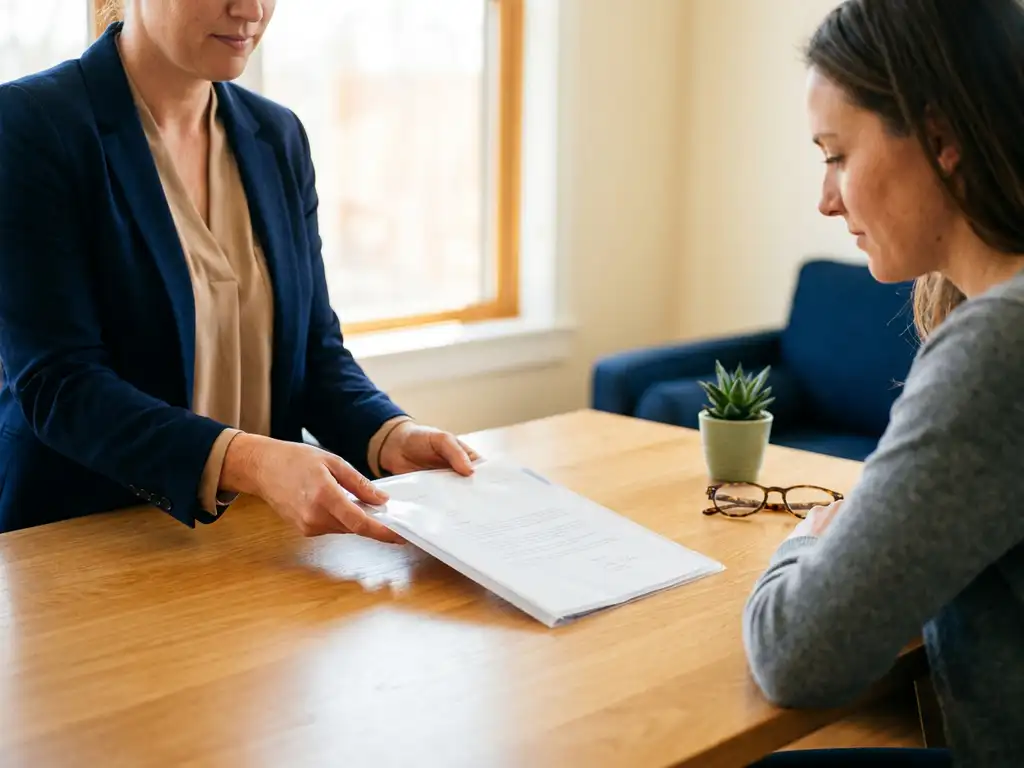 Adviseur schuift pensioendocument over eikenhouten bureau naar medewerker, warme natuurlijke belichting, klein potplantje en leesbril op de achtergrond.