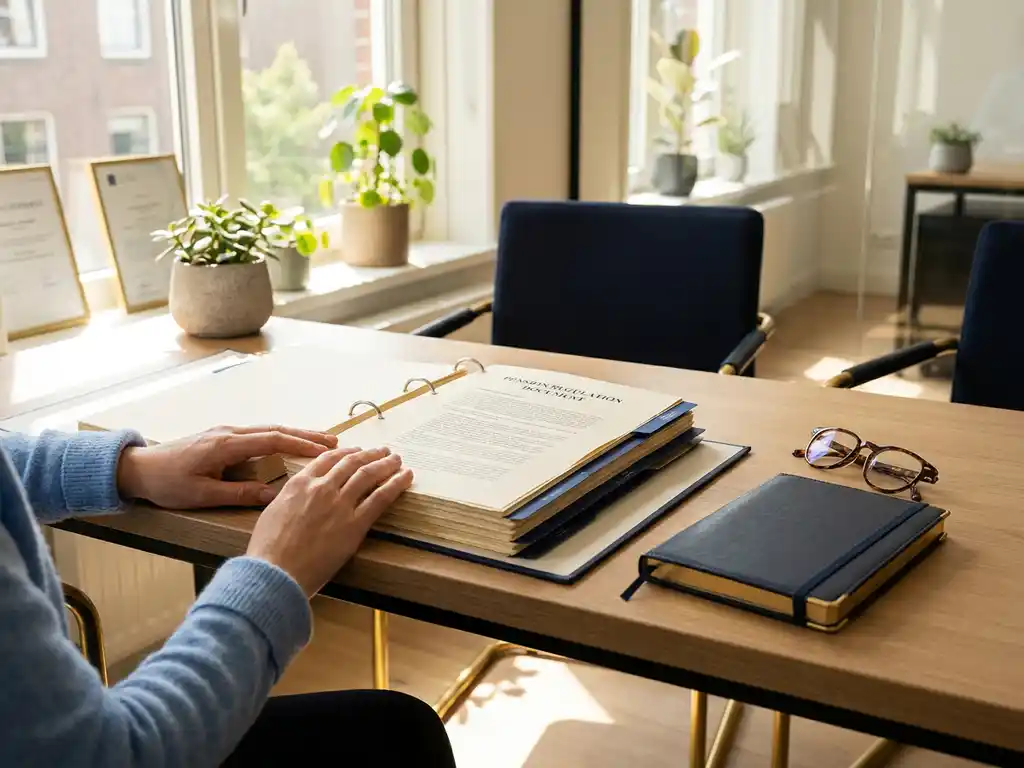 HR-professional bekijkt pensioenreglement op modern bureau met notitieboek en leesbril in warm kantoorlicht.