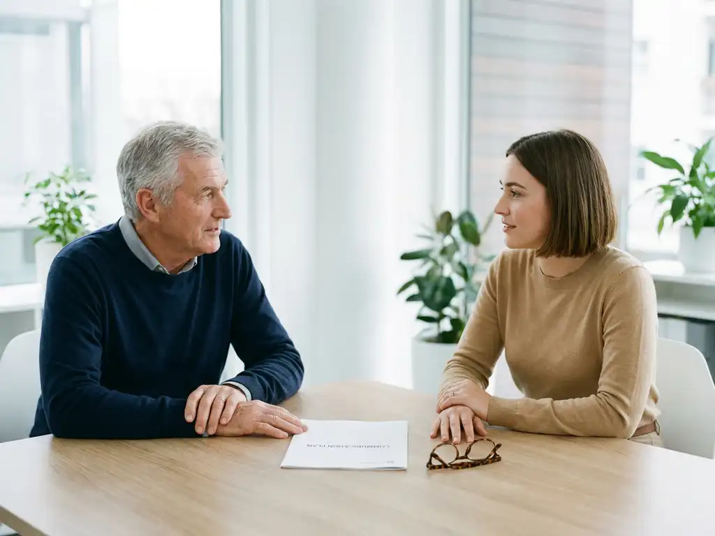 Seniore medewerker en HR-adviseur in gesprek aan modern kantooртafel met communicatieplan en leesbril, warm natuurlijk licht.