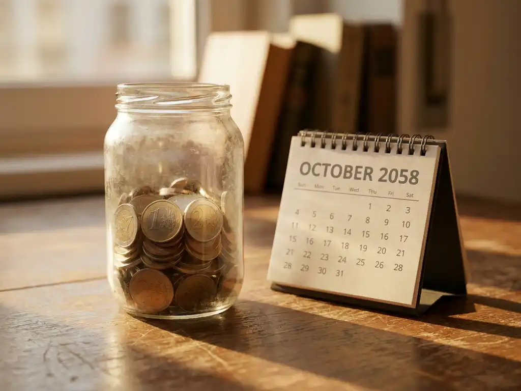Verweerde glazen pot gevuld met gestapelde euromunten op een houten bureau, met een kalender op de achtergrond in warm middaglicht.