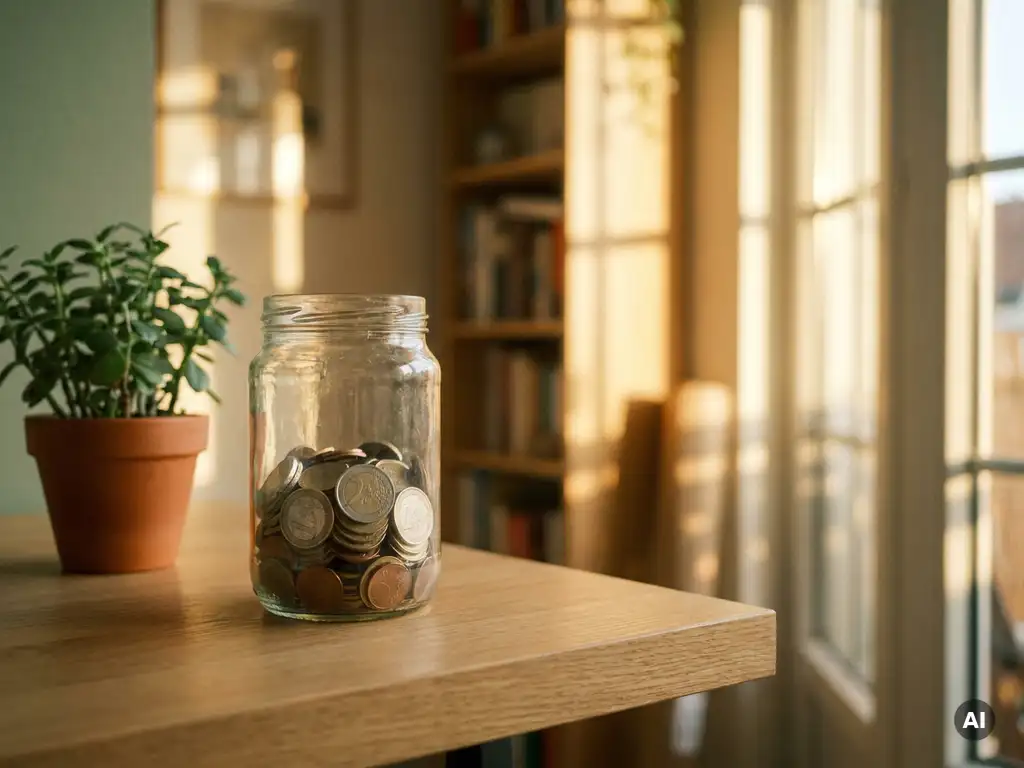 Verweerde glazen pot gevuld met euromunten op een houten bureau naast een kleine groene plant, warm middaglicht.