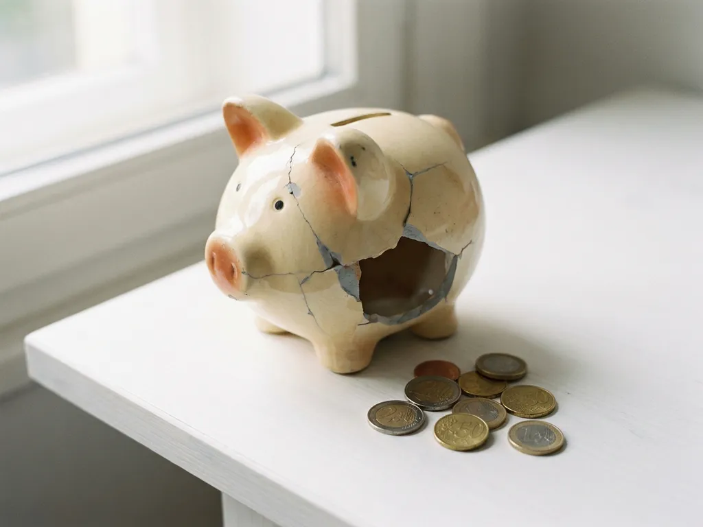 Gebarsten terracotta spaarpot op wit bureau met verspreide euromunten, symboliseert financiële schaarste.