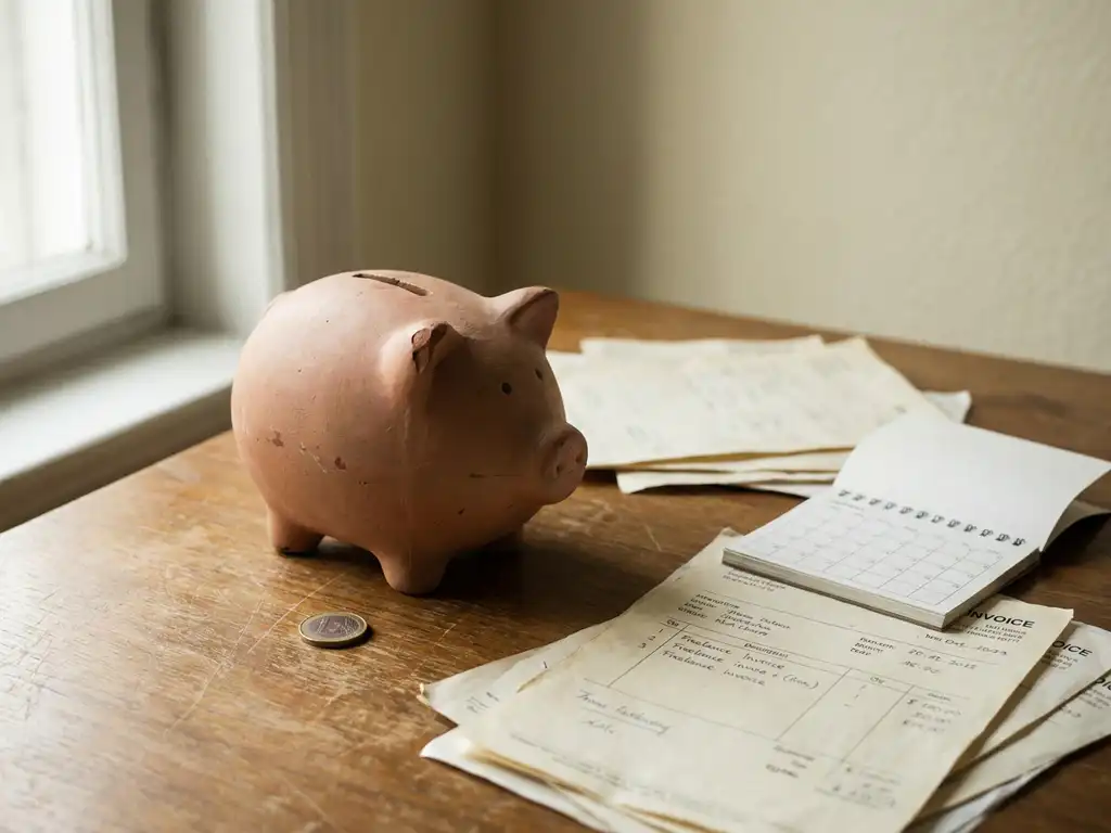 Verweerde keramieken spaarpot bijna leeg op houten bureau, met één euromuntstuk en freelance facturen ernaast.