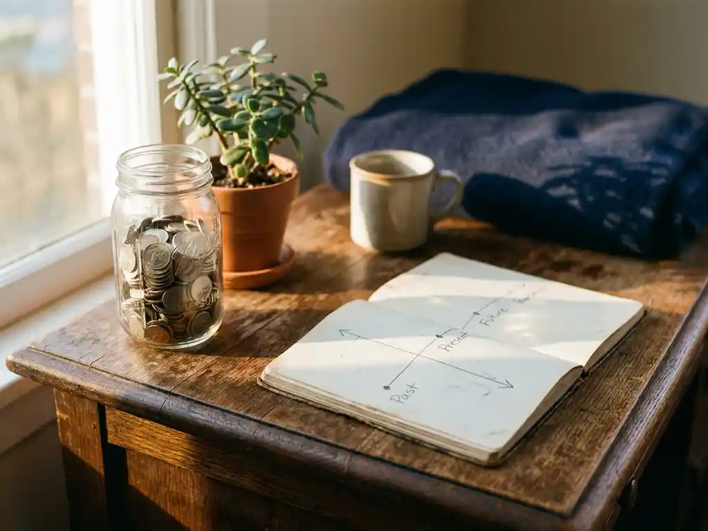 Verweerde eiken bureau met glazen pot vol munten, kleine groene plant en open notitieboek met potlood tijdlijn in warm middaglicht.