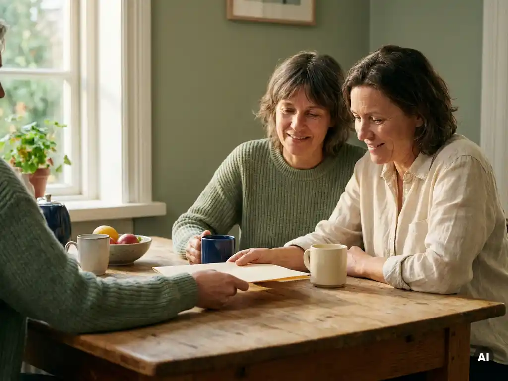 Stel aan keukentafel deelt document bij koffie in warm, vertrouwelijk gesprek, zacht middaglicht door raam.