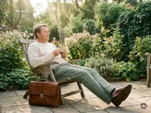 Man geniet van ochtendkoffie op zonnig tuinterras met gesloten leren aktetas, symbool voor vroegpensioen in Nederland.