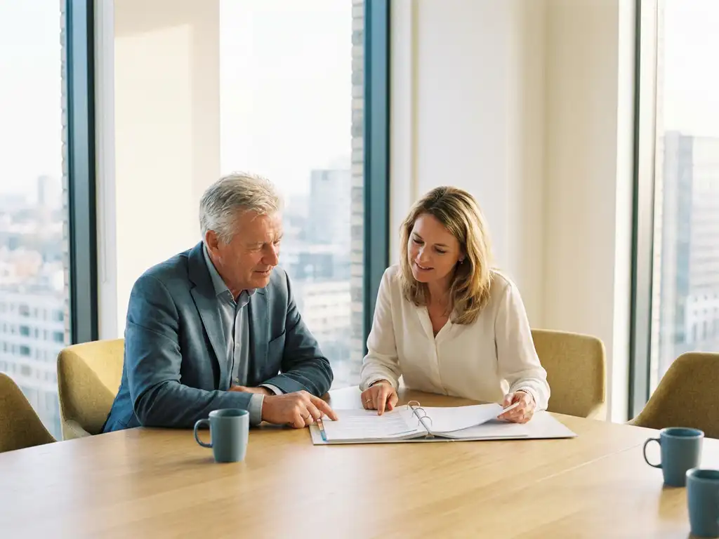 Werkgever en HR-professional bespreken pensioendocument aan vergadertafel in modern kantoor met stadsuitzicht.