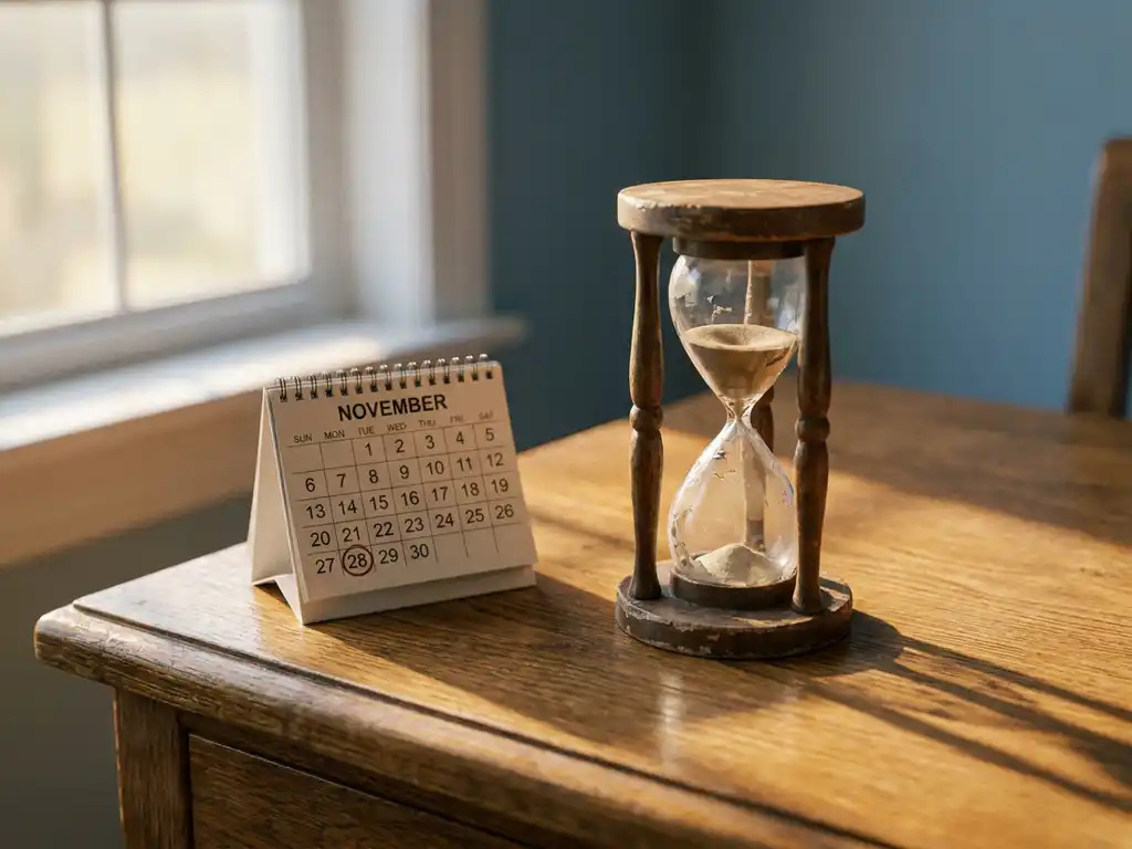 Verweerde zandloper met bijna leeg zand op eiken bureau naast kalender, warme middagschaduwen benadrukken het verstrijken van de tijd.